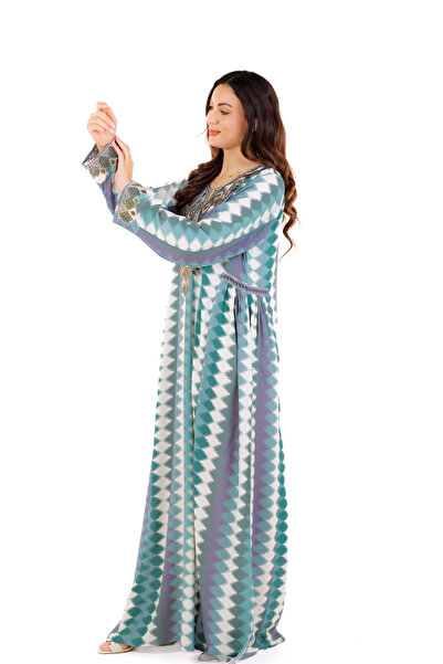 amaan Women's Luxury Embroidered Jalabiya Dress, Long Sleeve Traditional Arabic Dress, Geometric Pattern.