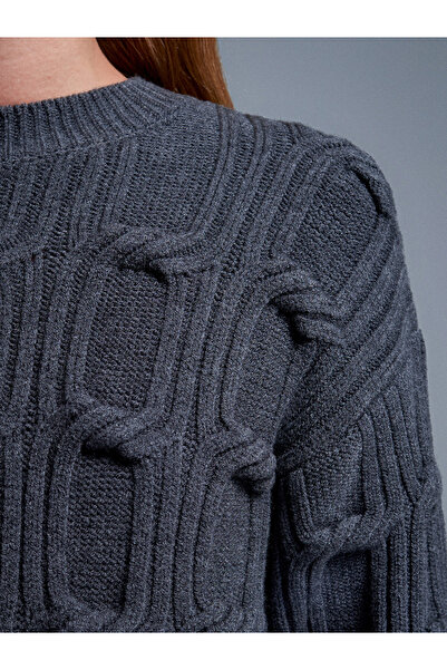 Dilvin 10825 Embossed Detailed Knitwear Sweater-Smoked M.