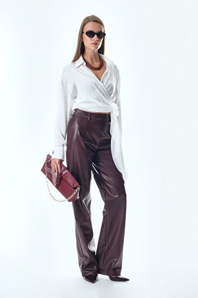 EXPLOSION Deri Bol Paça Yüksek Bel Pantolon