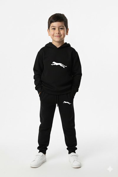 Let's Wear Running leopard print kids' hooded premium compact sweatshirt tracksuit set with pockets and drawstring.