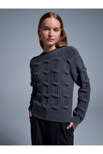 Dilvin 10825 Embossed Detailed Knitwear Sweater-Smoked M.