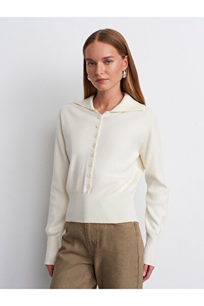 Dilvin 10816 Wool Blend Buttoned Knit Sweater-Ecru