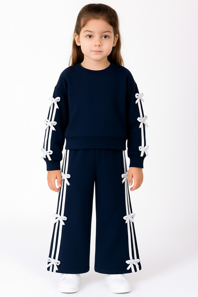 renkli diyar Girl's 3-Strand Ribbed Bow Detail Spanish-Style Pants Winter Set Nursery Kindergarten Primary School