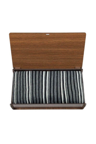 1001 Kravat Black White Gray Striped Winter Men's Scarf with Wooden Gift Box