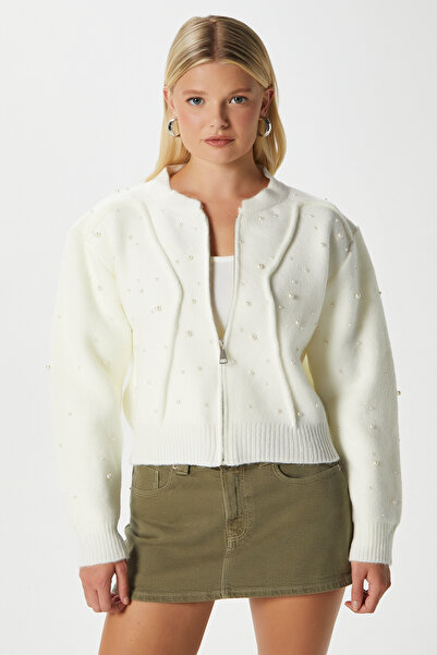 Ritnice Pearl Mont Look Pearl-Studded Ecru Cardigan