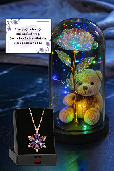 Zemtigo Ayıcıklı Fanus Dekoratif RGB Peri Led Işıklı Solmayan Sonsuzluk Gülü Ve Lotus Çiçeği Kolye