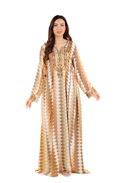 amaan Women's Luxury Embroidered Jalabiya Dress, Long Sleeve Traditional Arabic Dress, Geometric Pattern.