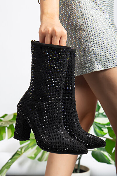 Mc vay Shoes Kadın Arka Fermuarlı Süet Taşlı Şık Topuklu Kadın Bot&Çizme