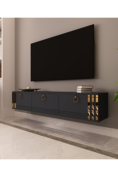 morepp Sahran 150 cm Duvara Monte Tv Ünitesi Tv Sehpası | Antrasit - Altın