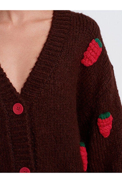 Dilvin 60185 Μάλλινη Ζακέτα με Κέντημα Φράουλας-Καφέ