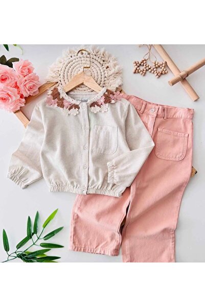 CİCHLİD Yaka Çiçek Örgü Detaylı Renkli Kot Cepli Pantolonlu kız Çocuk Takım -...