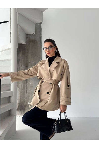 Ekim Store Pelerinli Düğmeli Kruvaze Dizüstü Trençkot