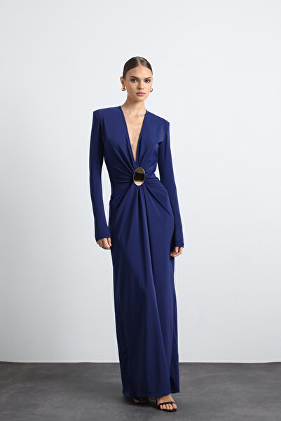 Mozto Sayora Long Sleeve Navy Blue Evening Dress with Accessories