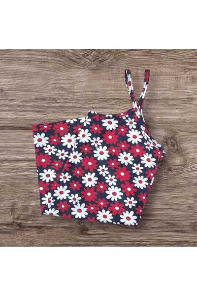 ESTA STORE Navy Blue Red White Floral Patterned Strap Tank Top