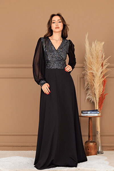 BEYBOS Rochie de seara din tul cu maneci din stofa cu paiete - ARGINTIU