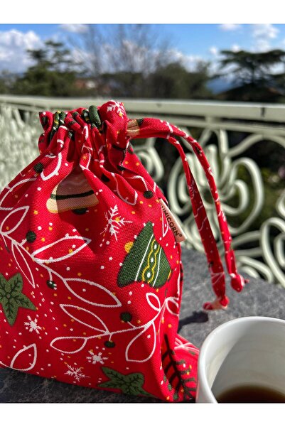 Sumicorn Design Yılbaşı Desenli Kırmızı Bez Keten Büzgülü Düzenleyici Kese, Makyaj-Seyahat Çantası