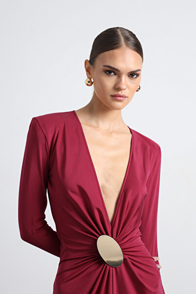 Mozto Sayora Long Sleeve Burgundy Evening Dress with Accessories