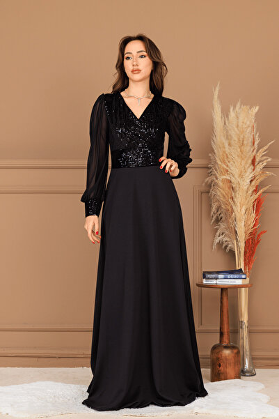 BEYBOS Rochie de seara din tul cu maneci din stofa cu paiete - NEGRU