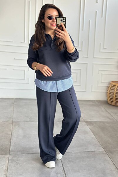 Yağmur Butik Polo Yaka Çizgili Gömlek Detaylı Takım