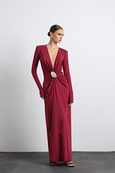Mozto Sayora Long Sleeve Burgundy Evening Dress with Accessories