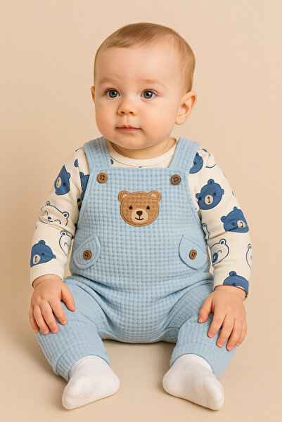 MYZİ STORE Baby Boy 3-Piece Romper Set - Teddy Bear Patterned Badi Bear Embroidered Green Salopet and Socks Set Cotton