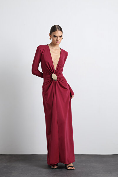 Mozto Sayora Long Sleeve Burgundy Evening Dress with Accessories