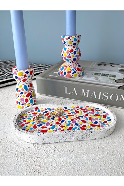 Ca.Gi El Yapımı Renkli Benek Desenli Dekoratif Taş Şamdan & Sunum Tabağı 3Lü Set