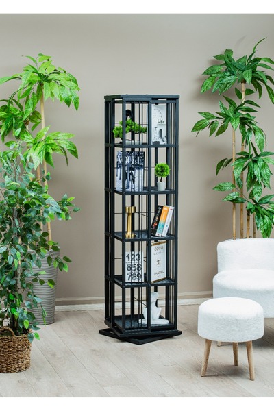 Uyan Ev Ürünleri DÖNER KİTAPLIK DEKORATİF ÇOK AMAÇLI SİYAH 360° DÖNER METAL K...