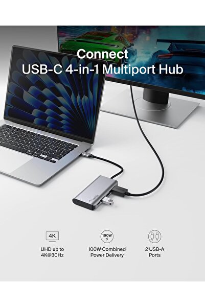 Belkin USB-C 4-in-1 MultiPort Adapter, 4K HDMI, 100W PD, 2x USB-A, Gray