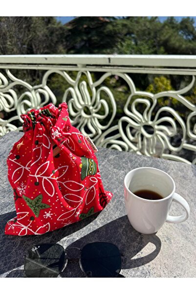 Sumicorn Design Yılbaşı Desenli Kırmızı Bez Keten Büzgülü Düzenleyici Kese, Makyaj-Seyahat Çantası