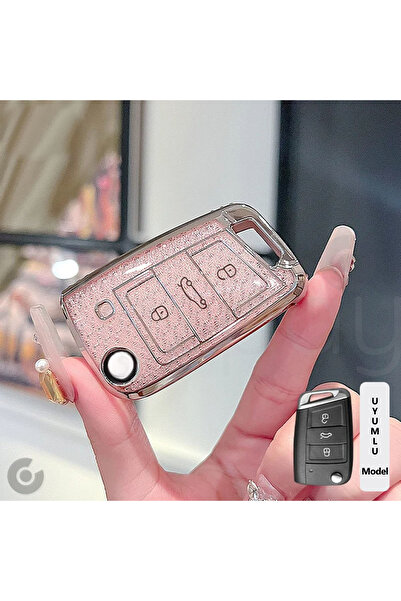 Alazpay Volkswagen Seat Skoda Diamond Cut Tpu Key Case Cover (Pink)