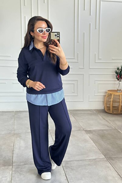 Yağmur Butik Polo Yaka Çizgili Gömlek Detaylı Takım