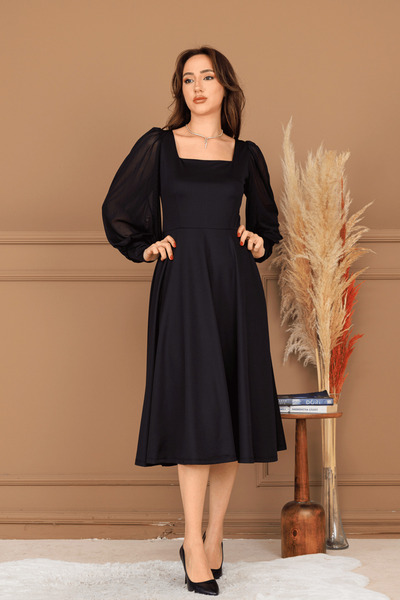 BEYBOS Rochie midi cu detaliu din tul cu mâneci din material creponat - NEGRU