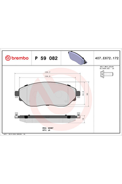Brembo Комплект накладки за дискови спирачки Fiat Talento Bus/Talento Body/Ta...