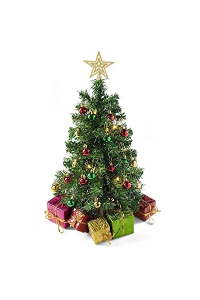 pretex Brad de Craciun Mini, Prextex, Verde, 58 cm, DIY, cu Ornamente Colorate, Stea si Cadouri Decorative