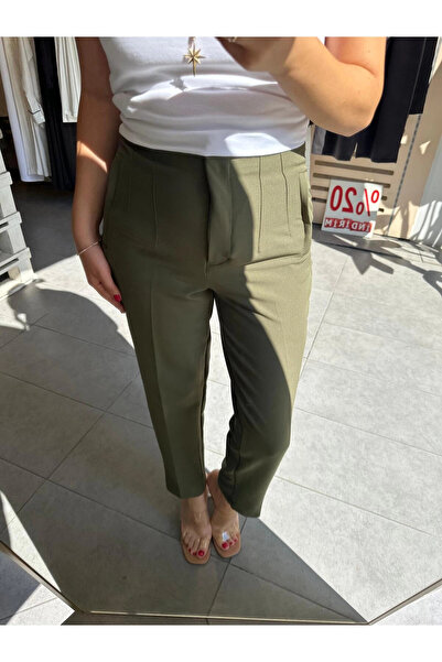 MetuCA Kadın Yeşil Yüksek Bel Pens Detaylı Bilek Boy Havuç Kesim Tok Kumaş Pantolon Slim Fit ( Esnek