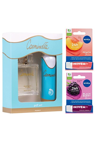 Carminella Kadın Parfüm Seti ( 100 ml Edt Parfüm 150 ml Deodorant ) + NiveaDudak Kremi Şeftali ve Böğürtlen