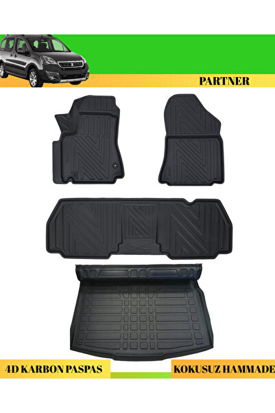 ACK Dizayn PEUGEOT PARTNER 2008-2018 ARACA ÖZEL ÜRETİM 4D HAVUZLU KARBON PASPAS TAKIMI + 3D BAGAJ HAVUZU