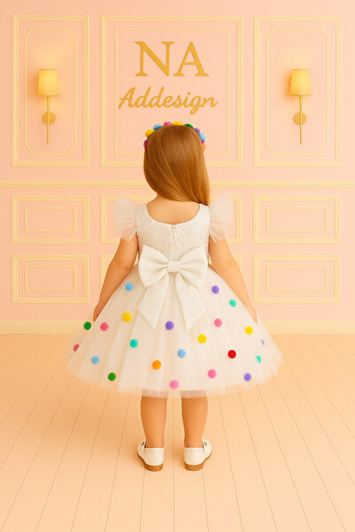NA ADDESIGN Φόρεμα Tutu με λευκές παγιέτες και πολύχρωμες λεπτομέρειες από πομπόν – Ειδική παραγωγή Fun Princess Model