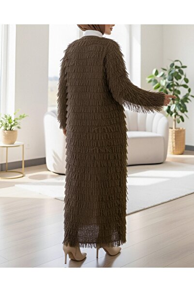 Modamorfo Fringed Long Knit Cardigan - Brown