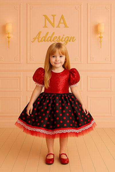NA ADDESIGN Minnie Heart Special Design Dress – Red Sequin & Polka Dot Satin Heart Detail Model