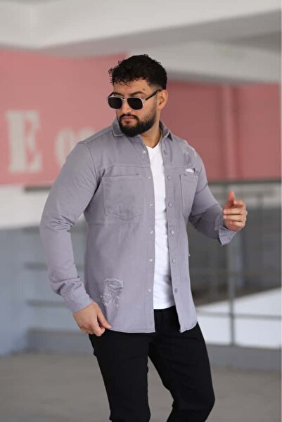 L-KOM قميص دينم رجالي بقصة ضيقة، قميص بدون ليكرا بجيبين وأزرار واسعة