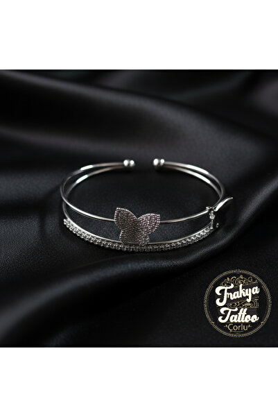 Trakya Tattoo Zirkon Taşlı Su Yolu Kelebekli 2li Kadın Çelik Kelepçe Bileklik...