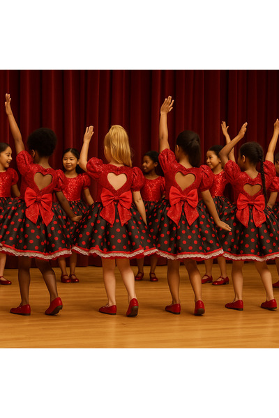 NA ADDESIGN Minnie Heart Special Design Dress – Red Sequin & Polka Dot Satin Heart Detail Model