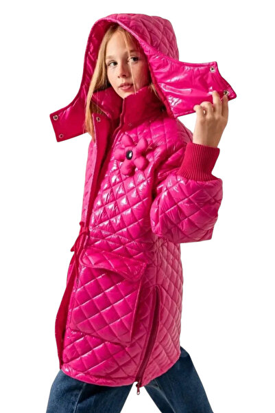 İrem Çocuk Giyim Kız Çocuk Kapitone Model Kapüşonu Çıkabilen İçi Astarlı Etek Kısmı Fermuarlı Parlak Pembe Renk Mont