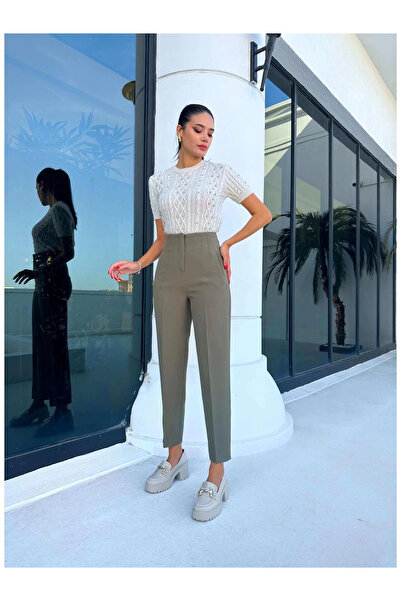 MetuCA Kadın Yeşil Yüksek Bel Pens Detaylı Bilek Boy Havuç Kesim Tok Kumaş Pantolon Slim Fit ( Esnek