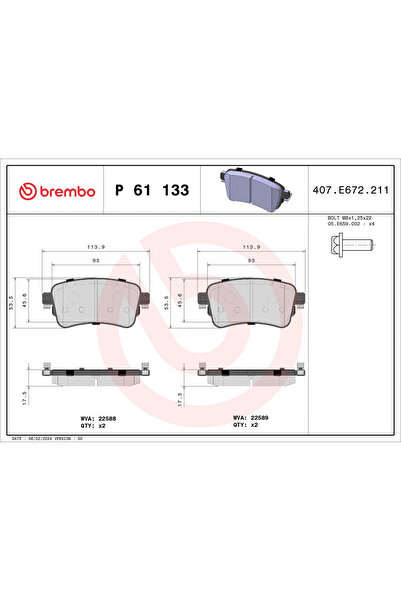 Brembo Комплект накладки за дискови спирачки Citroen Jumpy 3 Bus/Jumpy 3 Body...