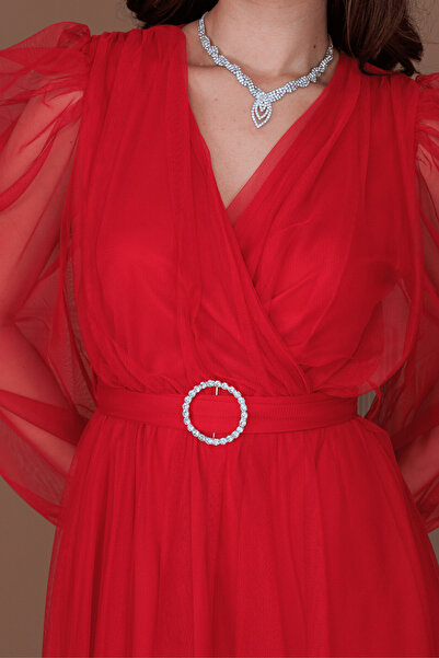 BEYBOS Tül Kumaş Kruvaze Yaka Taş Kemer Detaylı Elbise - KIRMIZI