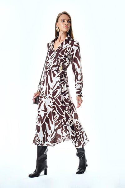 EXPLOSION Desenli Gold Aksesuarlı Kuşaklı Kloş Midi Elbise