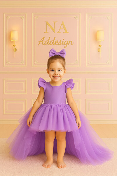 NA ADDESIGN Fuşya & Lila Kuyruklu Premium Saten Tül Elbise – Özel Tasarım Prenses Modeli